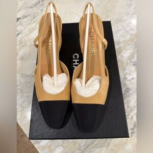 Chanel CC Goatskin & Grosgrain Slingbacks